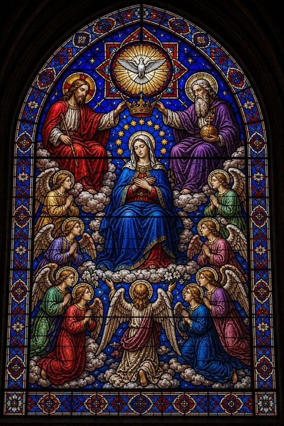 Vitral de la coronación de María, encendido